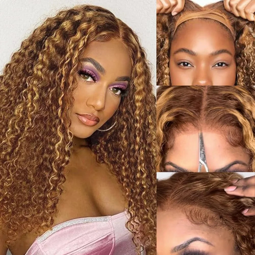 Curly Honey Blonde Glueless Wig Human Hair Ready To Wear And Go Pre Plucked 13x6 Hd Water Deep Wave Lace Frontal Wig For Women